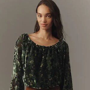Anthropologie  off-shoulder burnout velvet blouse - green floral NWT